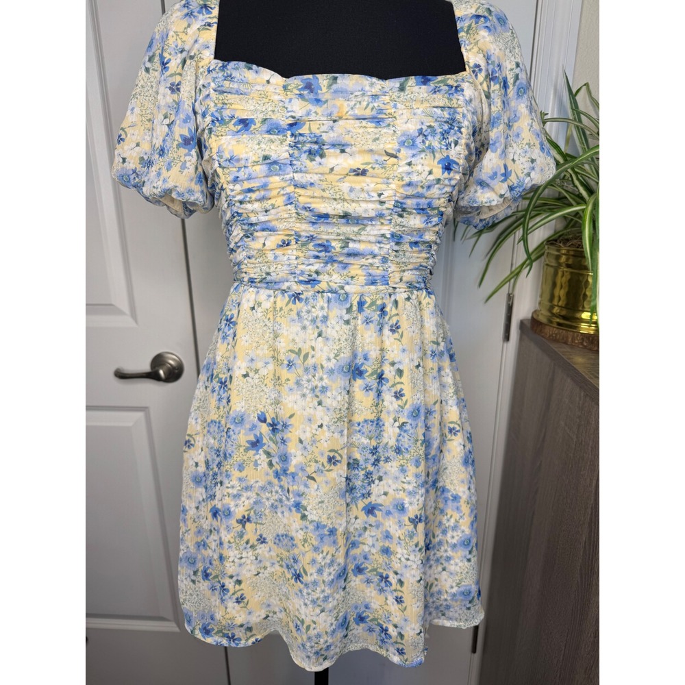 Crystal Doll Women's Blue and Cream Floral Print Chiffon Mini‎ Dress Sz XS